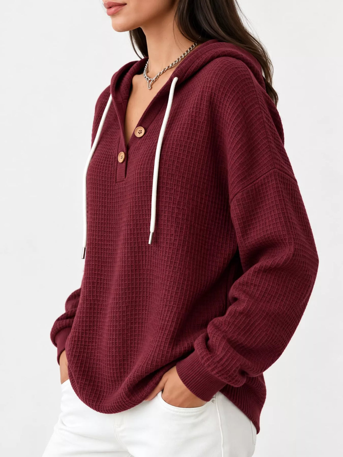 Full Size Waffle Knit Button Detail Hoodie Plus (26)