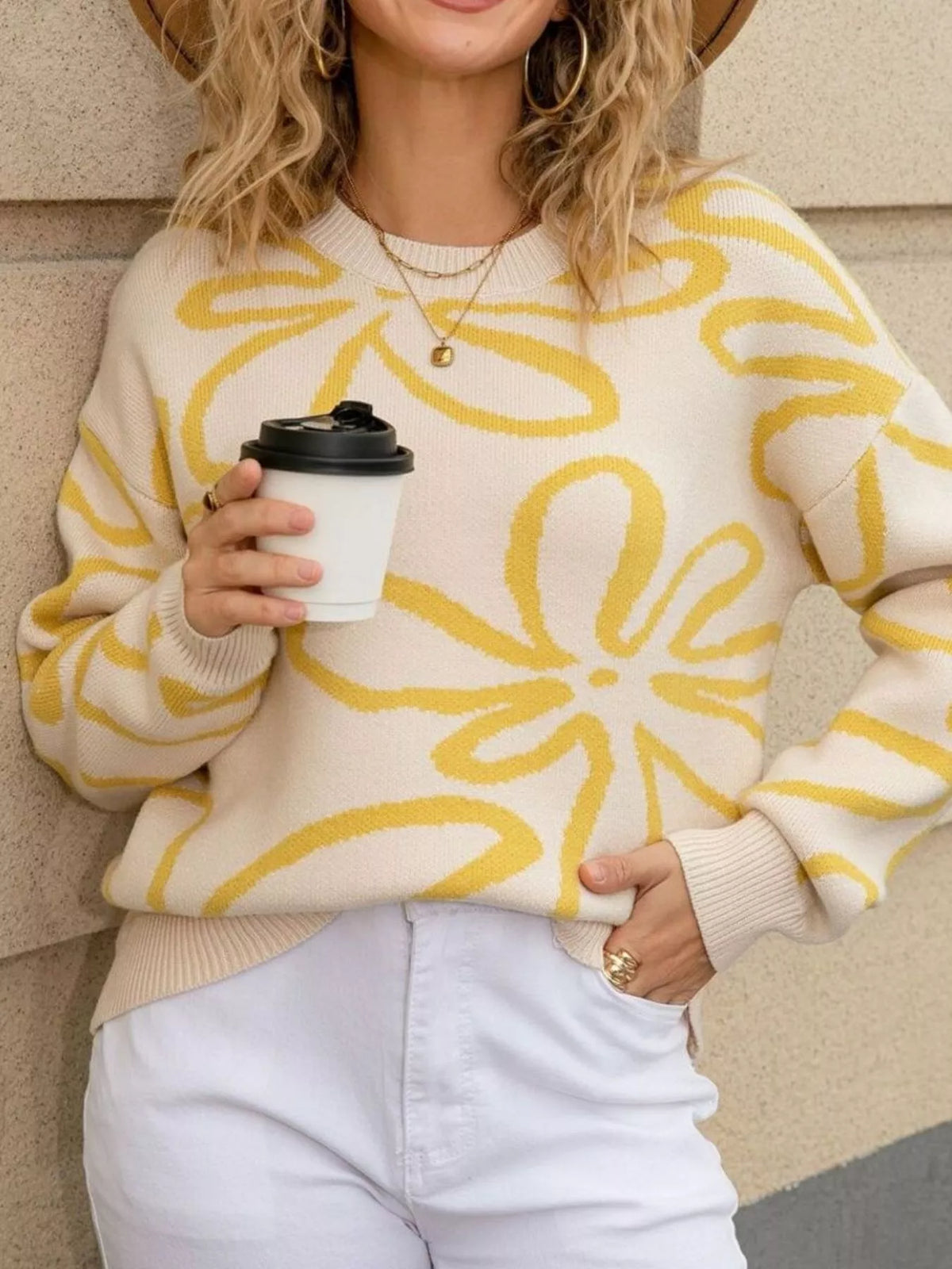 Flower Crew Neck Long Sleeve Sweater (9)
