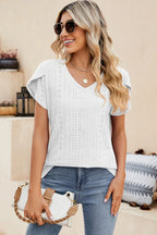 Eyelet V-neck Petal Sleeve T-shirt (7)