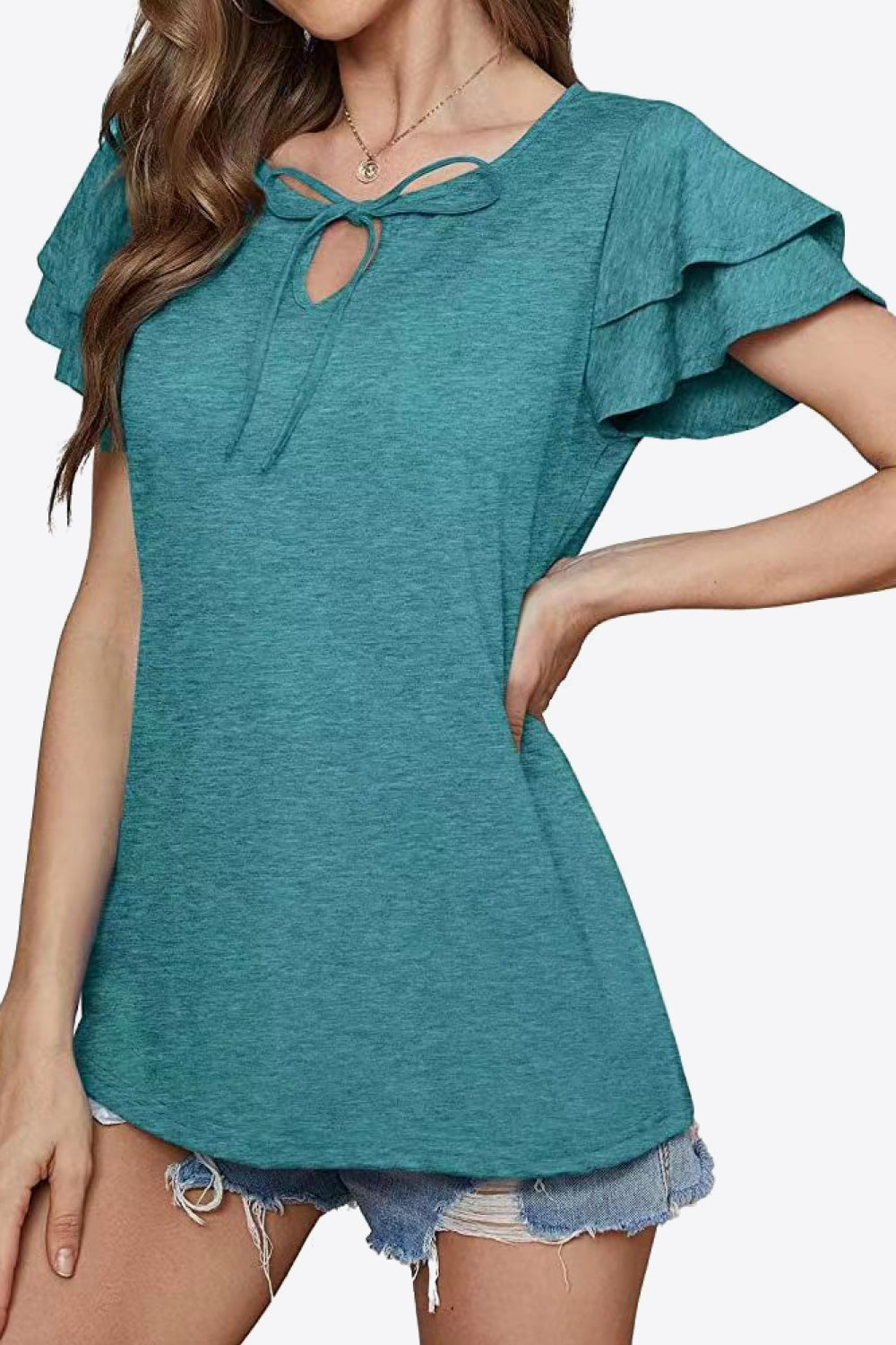 Tie-neck Layered Flutter Sleeve Blouse (17)
