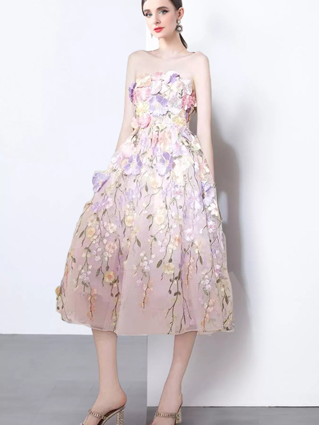 Strapless Floral Applique Midi Dress (8)