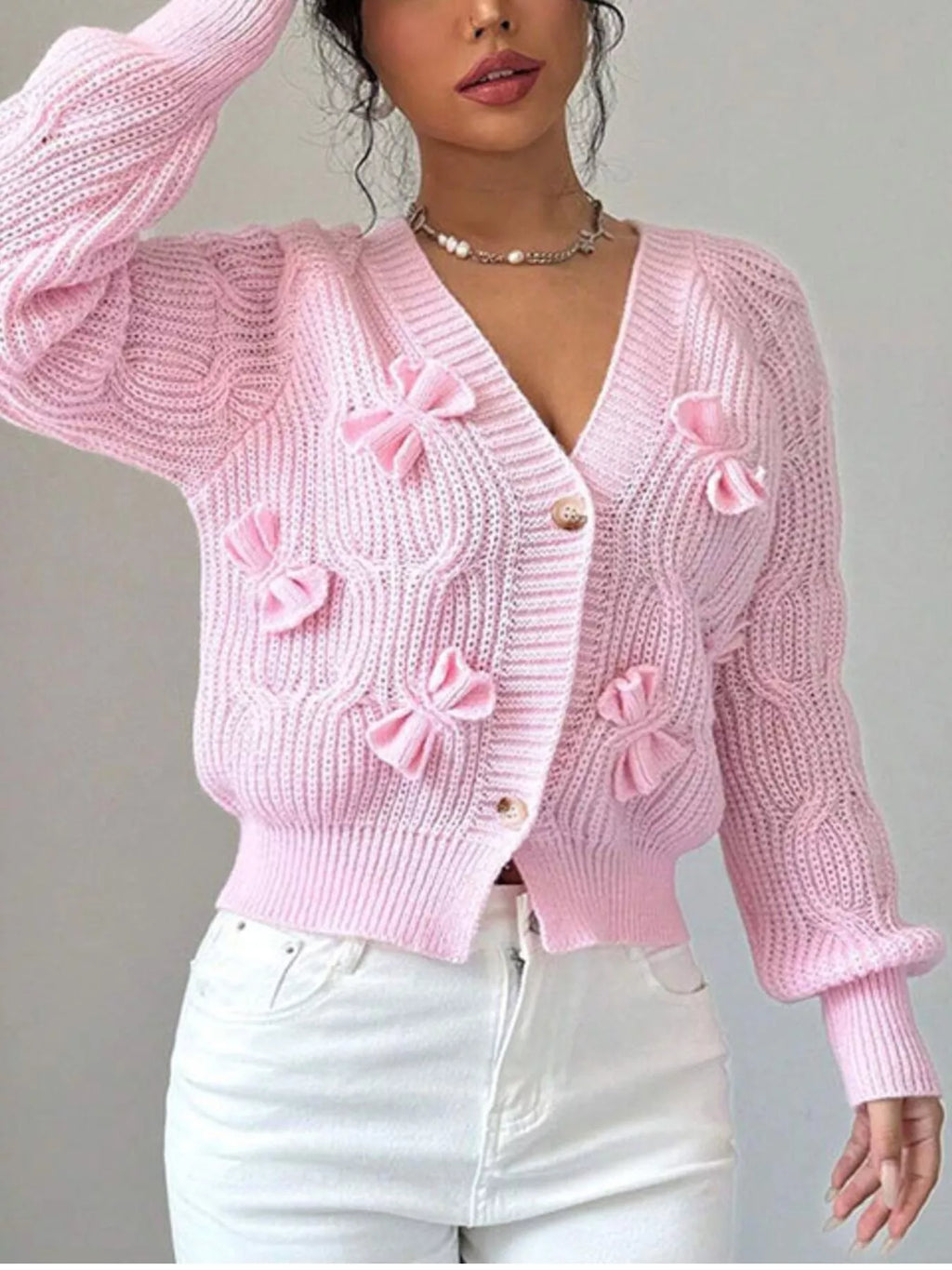 Bow Cable Knit V-neck Cardigan (2)