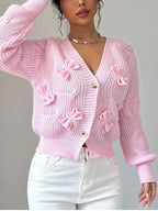 Bow Cable Knit V-neck Cardigan (2)
