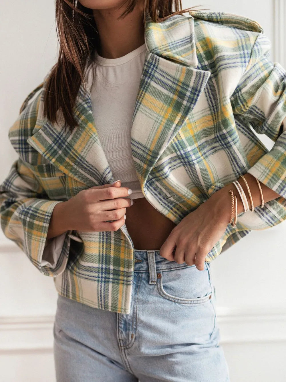 Lapel Collar Plaid Cropped Jacket