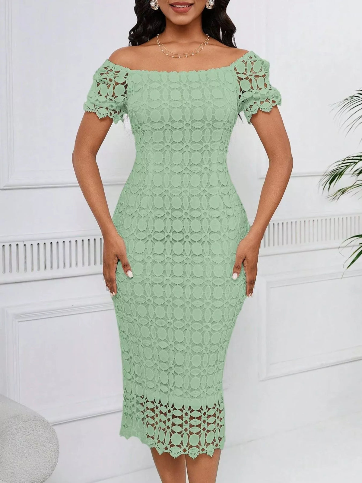 Lace Short Sleeve Midi Dress (15)