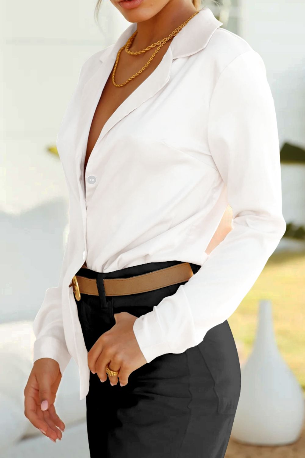 Lapel Collar Buttoned Puff Sleeve Shirt (10)