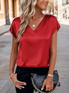 Satin V-neck Short Sleeve Blouse (22)