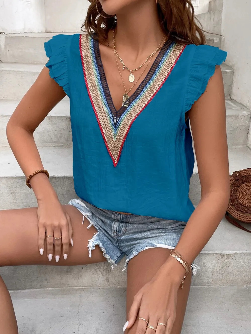 Ruffled V-neck Cap Sleeve Blouse (2)