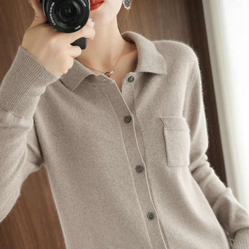 Loose Lapel Solid Color Cashmere Cardigan Polo variant CJMY133829707GT|CJMY133829708HS|CJMY133829709IR