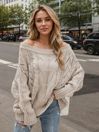 Cable Knit Openwork Off-shoulder Sweater (2)