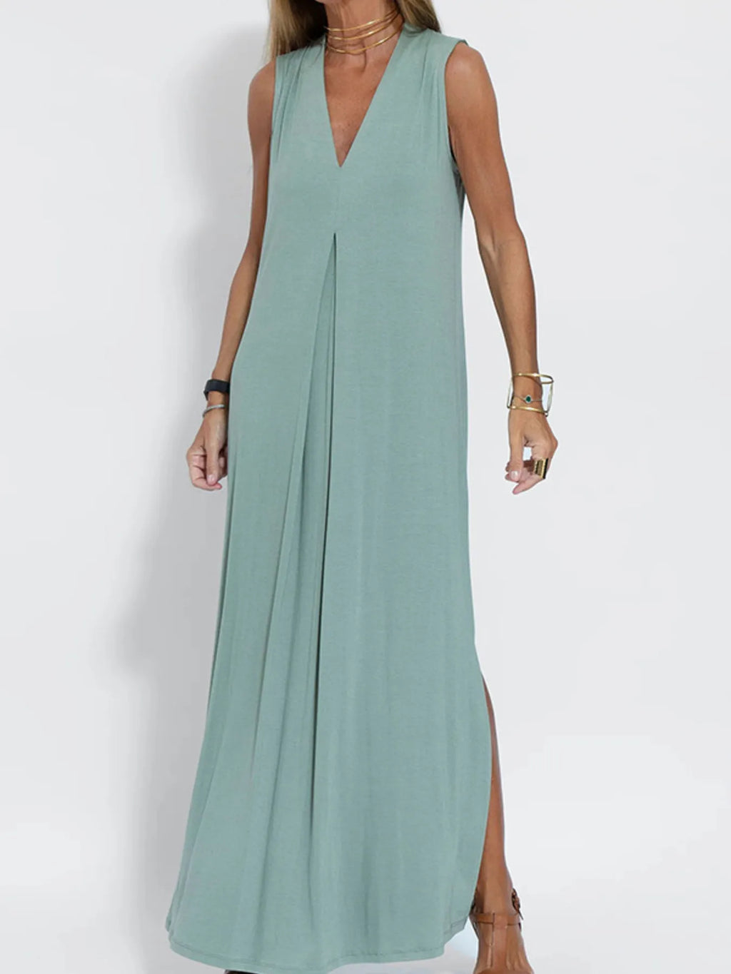 Full Size V-neck Sleeveless Maxi Dress Slit Plus (2)