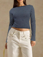 Off-shoulder Striped Ribbed Long Sleeve T-shirt (20)