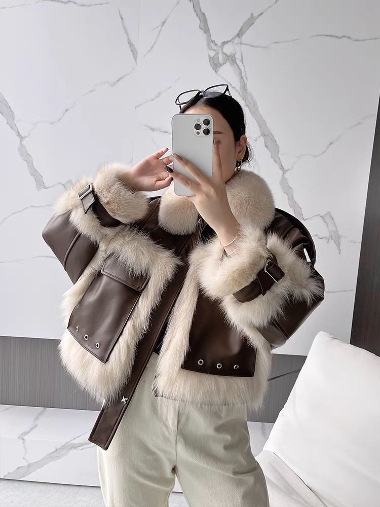 Sense Fox Fur Stitching Leather Coat photo 11