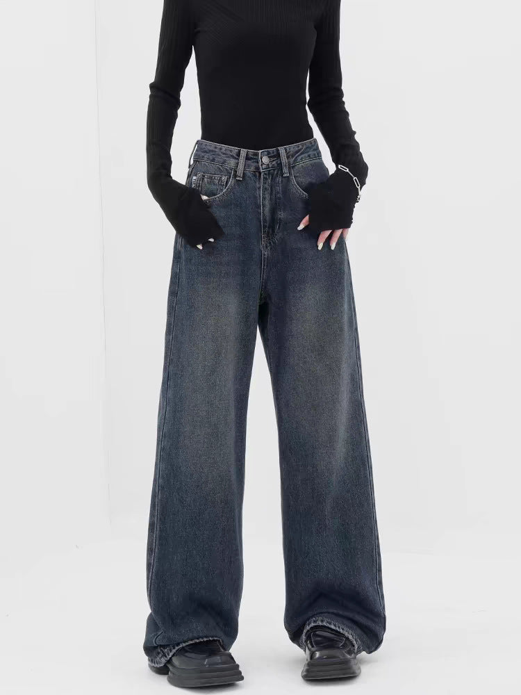 Retro Dark Blue Wide Leg Jeans Baggy Straight Trousers photo 5