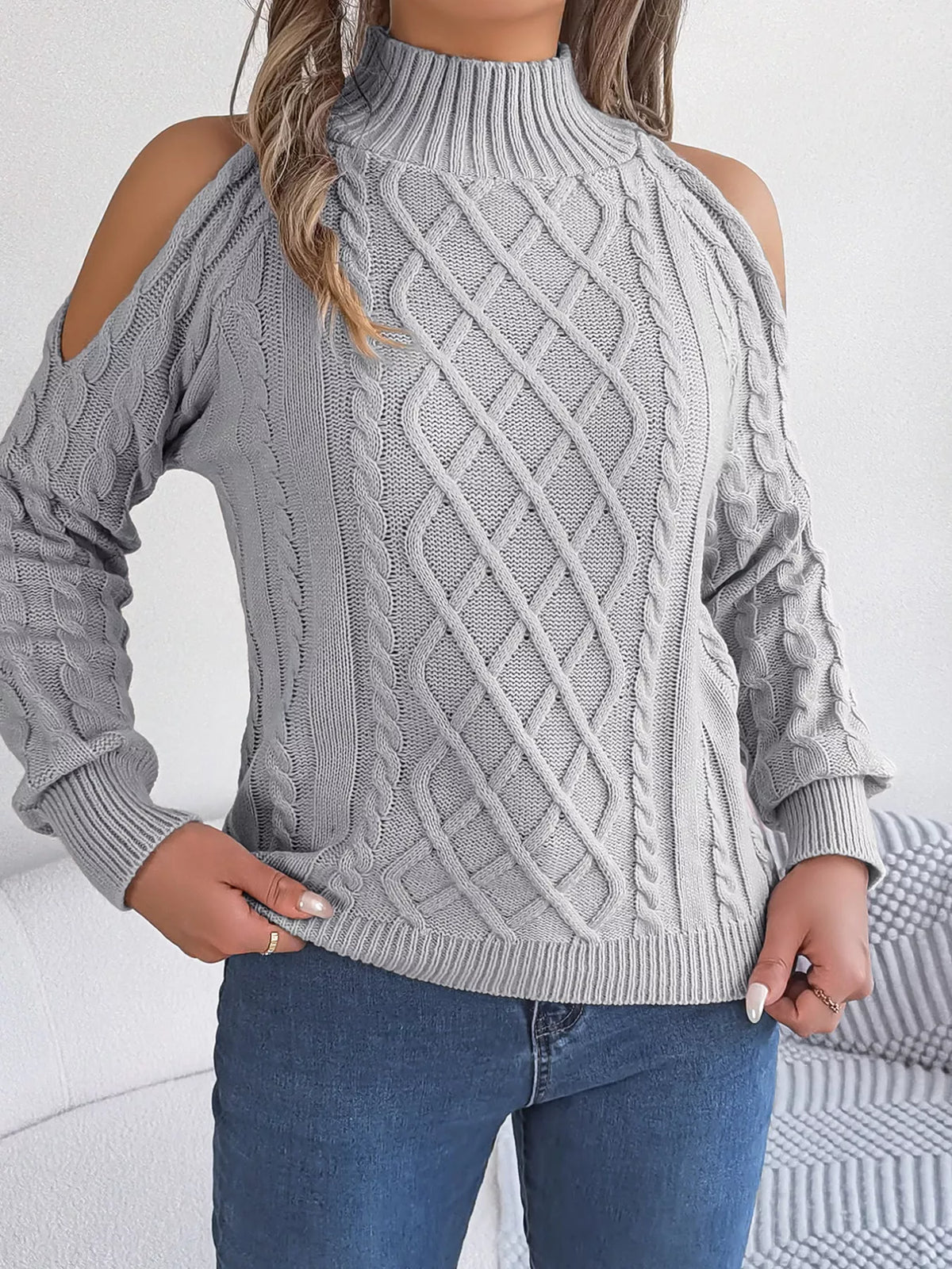 Cable Knit Cold Shoulder Turtleneck Sweater (23)
