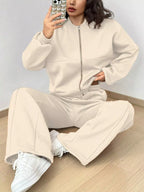 Casual Solid Color Zipper Jacket Wide Leg Pants Set