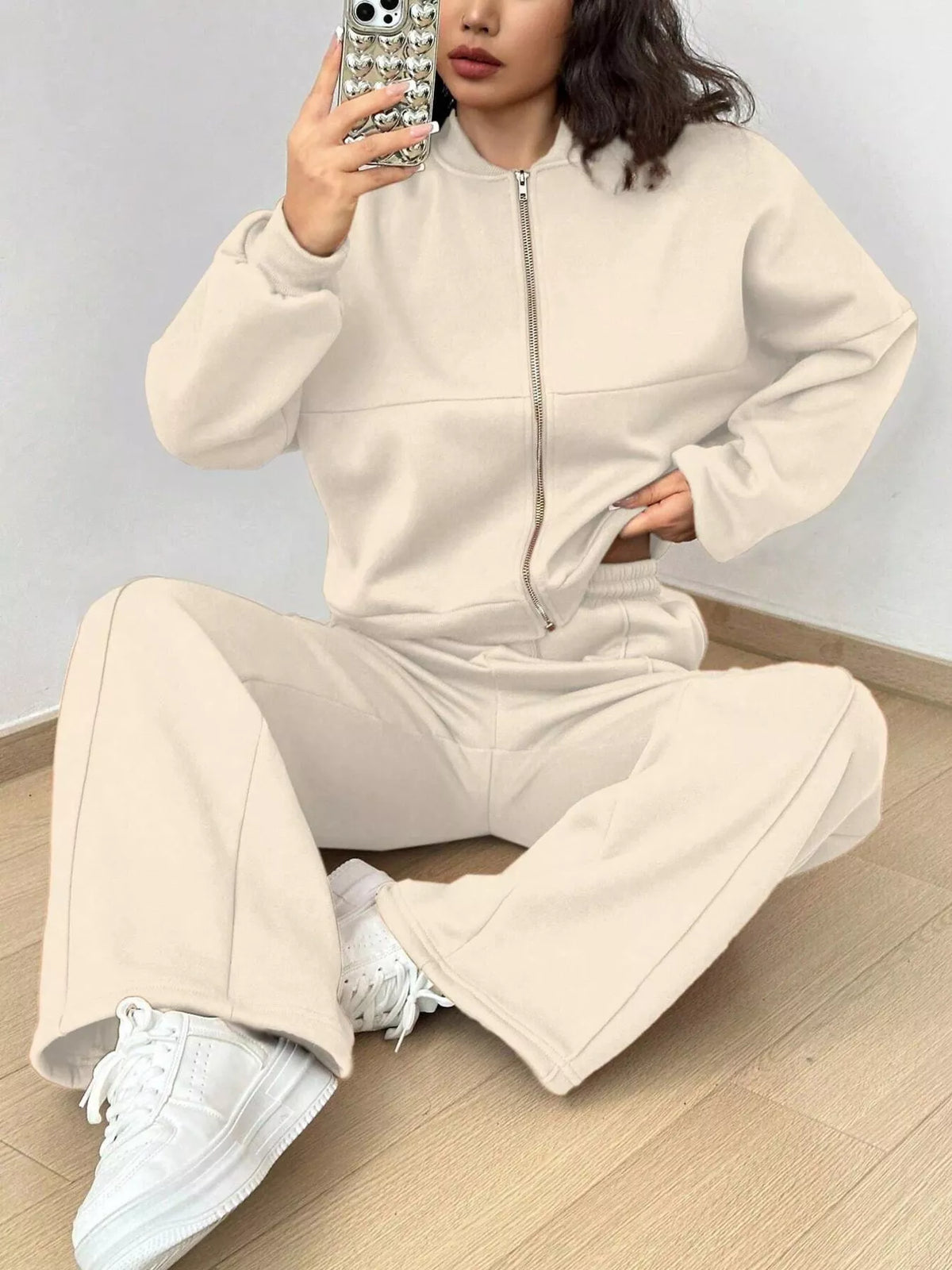 Casual Solid Color Zipper Jacket Wide Leg Pants Set