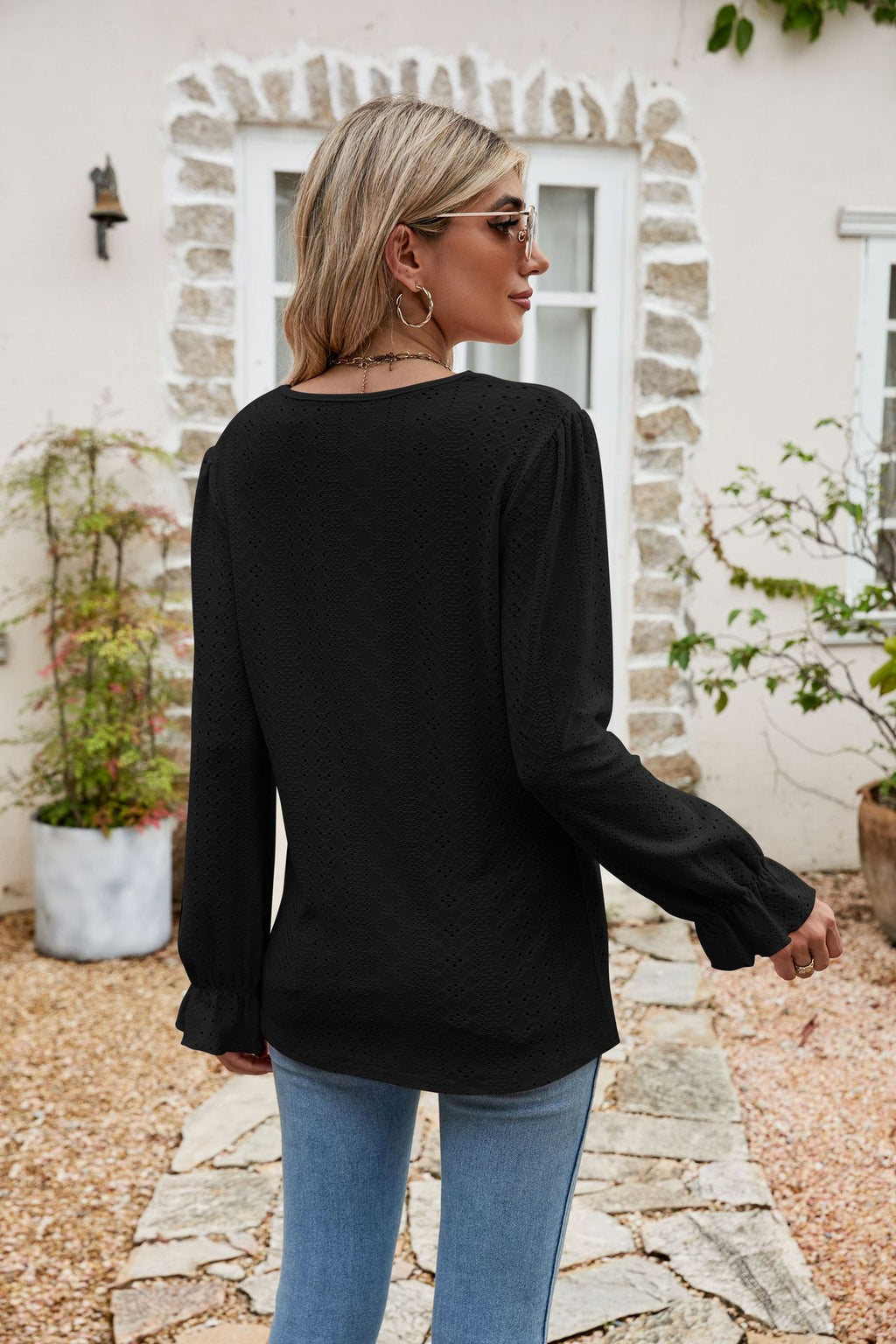 Eyelet Lace Trim Flounce Sleeve Blouse (9)
