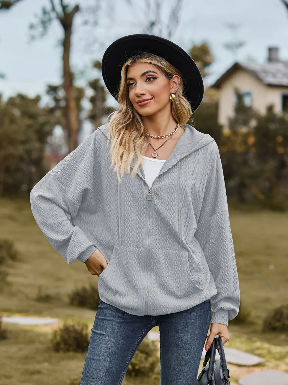 Zip Up Drawstring Long Sleeve Hooded Jacket (16)