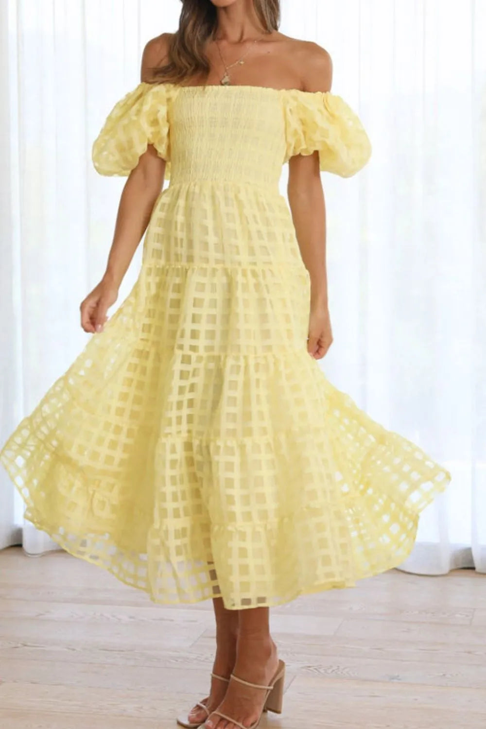 Off Shoulder Short Puff Sleeve Midi Dress (10)