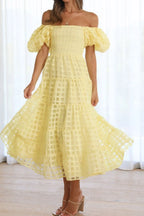 Off Shoulder Short Puff Sleeve Midi Dress (10)
