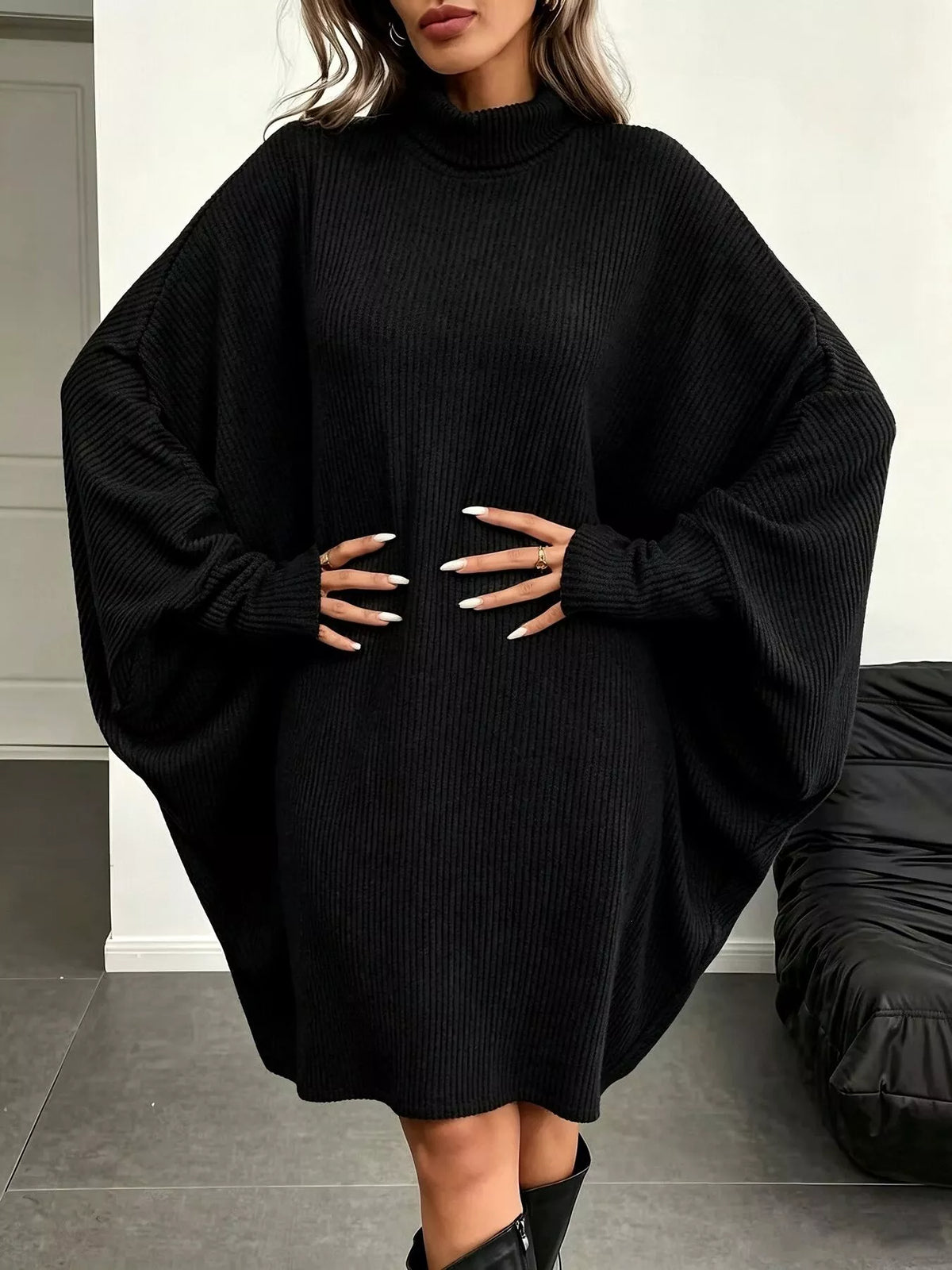 Oversized Batwing Sleeve Ribbed Knit Turtleneck Dress (6)