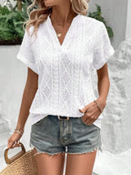 Openwork Notched Short Sleeve Blouse (9)