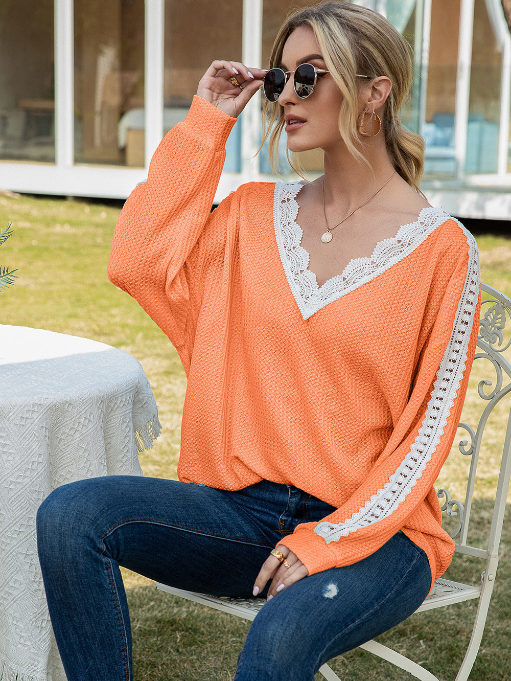 Contrast Spliced Lace V-neck Top (7)