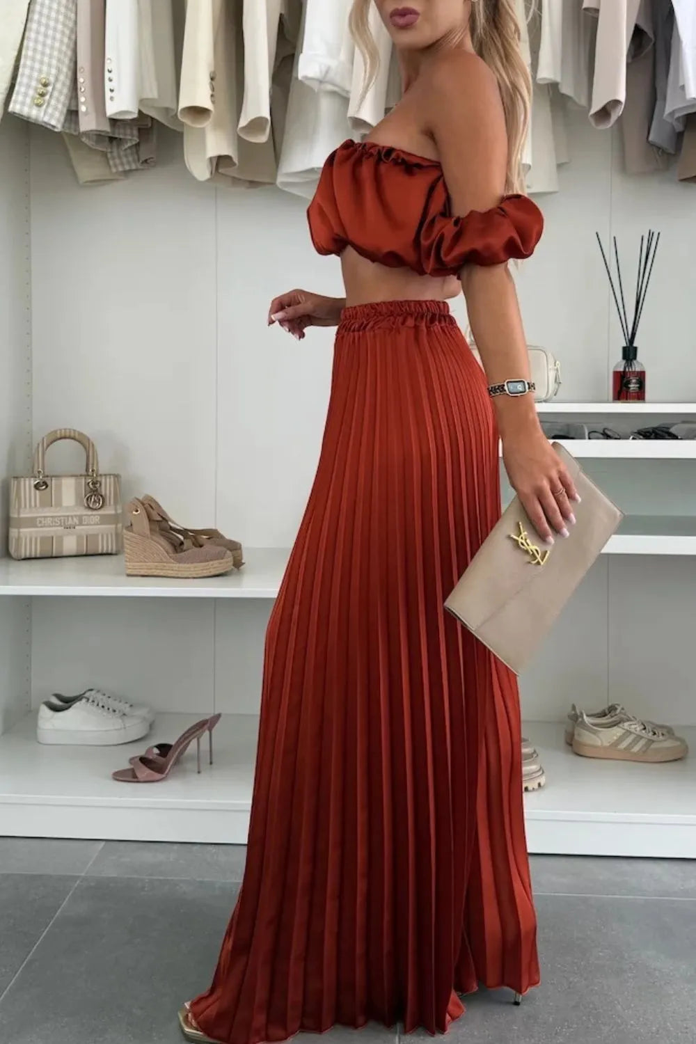 Off-shoulder Top Pleated Pants Set (20)