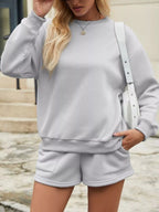 Round Neck Dropped Shoulder Top Drawstring Shorts Set (3)