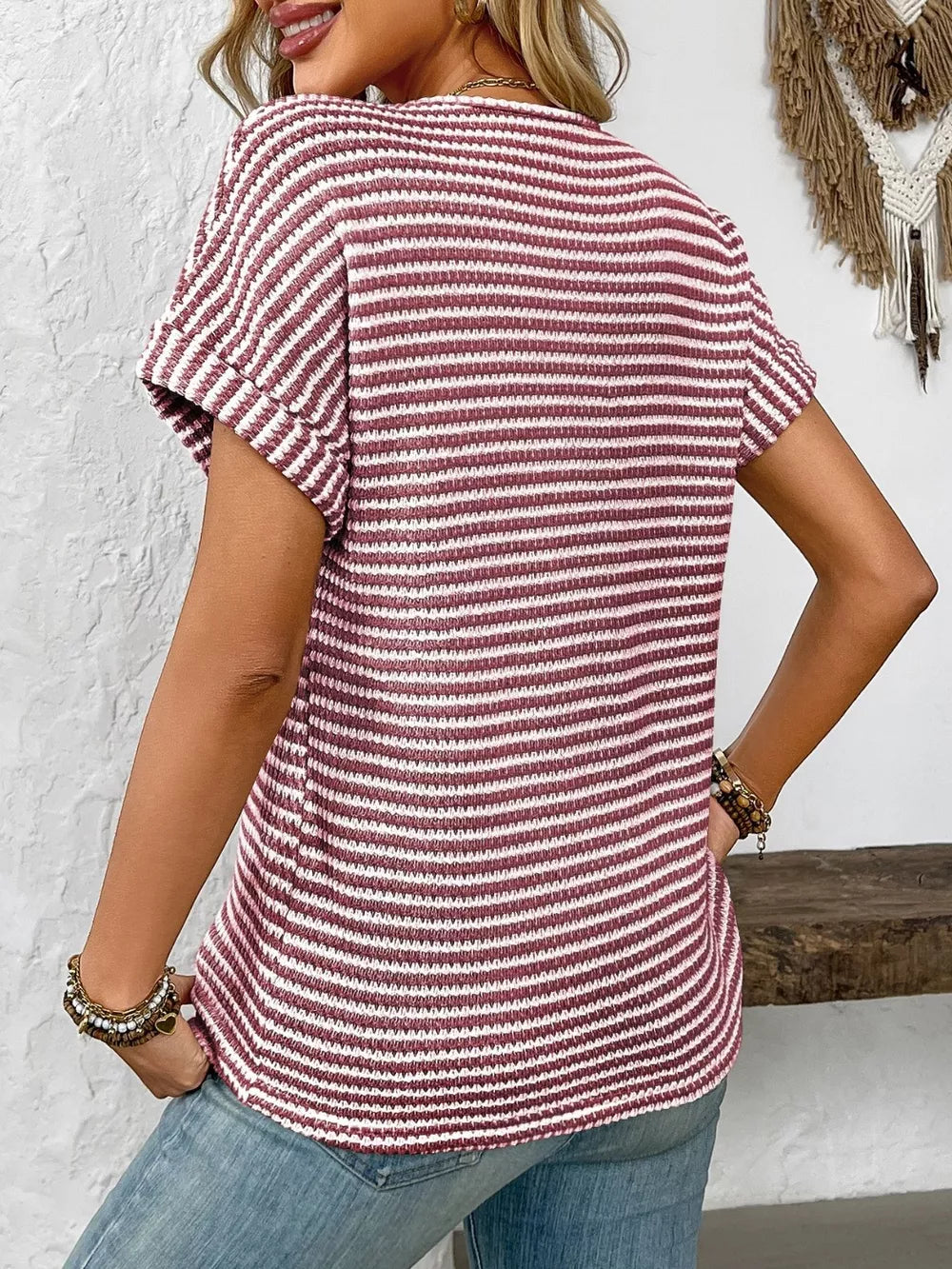 Striped Notched Short Sleeve T-shirt (5)