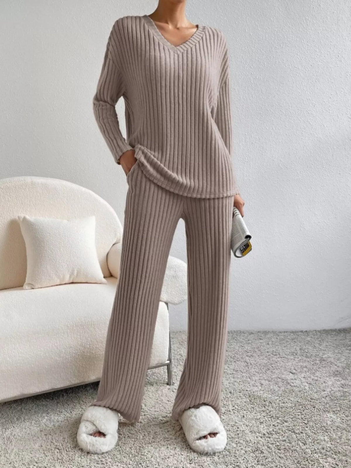 Ribbed Knit V-neck Top Pants Set (6)