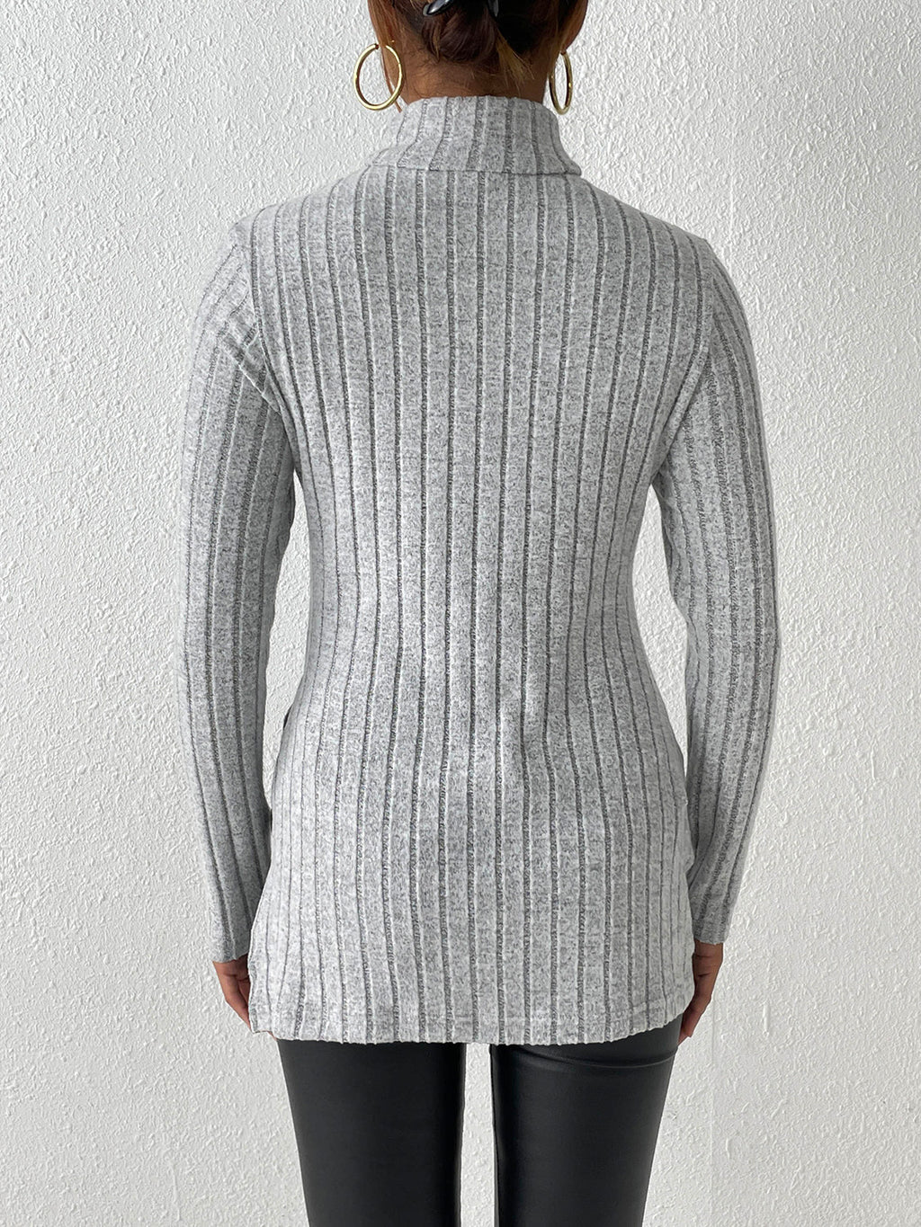 Ribbed Turtleneck Long Sleeve Slit T-shirt (2)