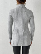 Ribbed Turtleneck Long Sleeve Slit T-shirt (2)