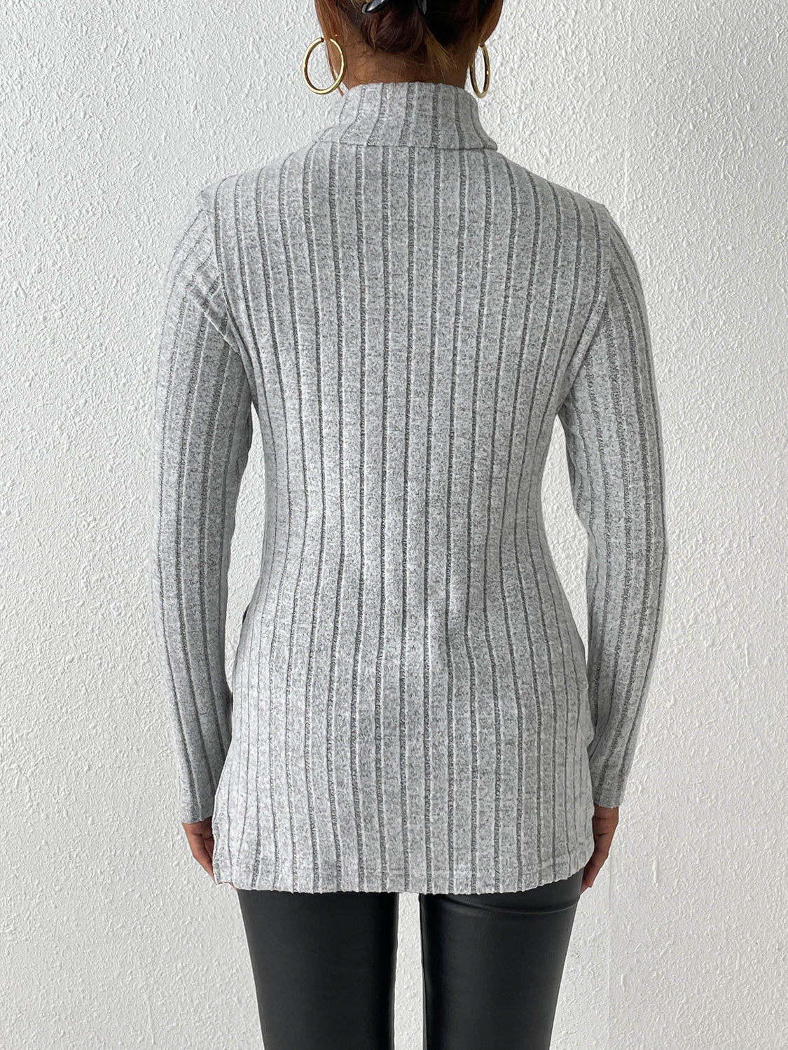 Ribbed Turtleneck Long Sleeve Slit T-shirt (2)