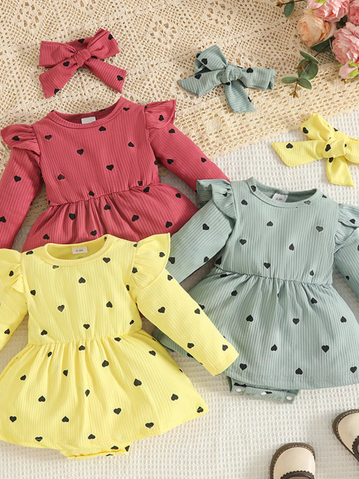 Children's Heart Print Dress Headband Set