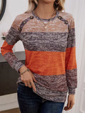 Decorative Button Contrast Round Neck Long Sleeve T-shirt