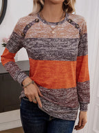 Decorative Button Contrast Round Neck Long Sleeve T-shirt