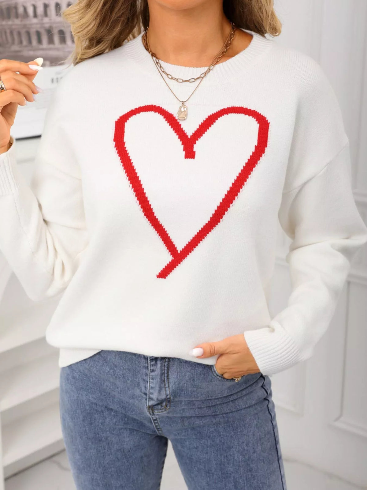 Valentine's Day Heart Graphic Dropped Shoulder Sweater (11)
