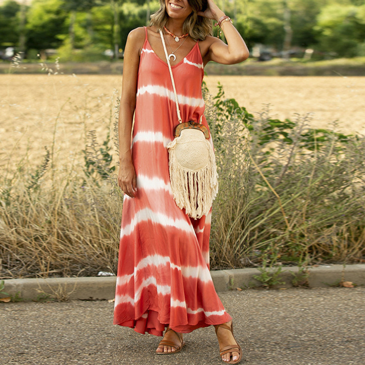 Printed Striped Plus Size Maxi Dress variant CJLY1446673-Orange-S|CJLY1446673-Orange-M|CJLY1446673-Orange-L|CJLY1446673-Orange-XL|CJLY1446673-Orange-XXL