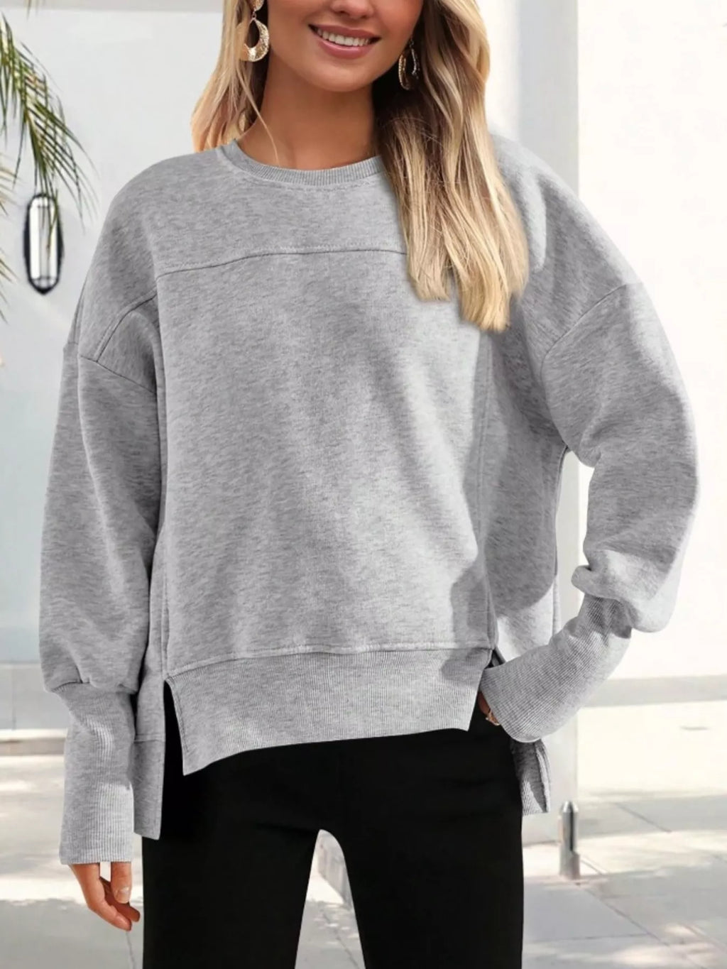 Slit Round Neck Dropped Shoulder Sweatshirt (18)
