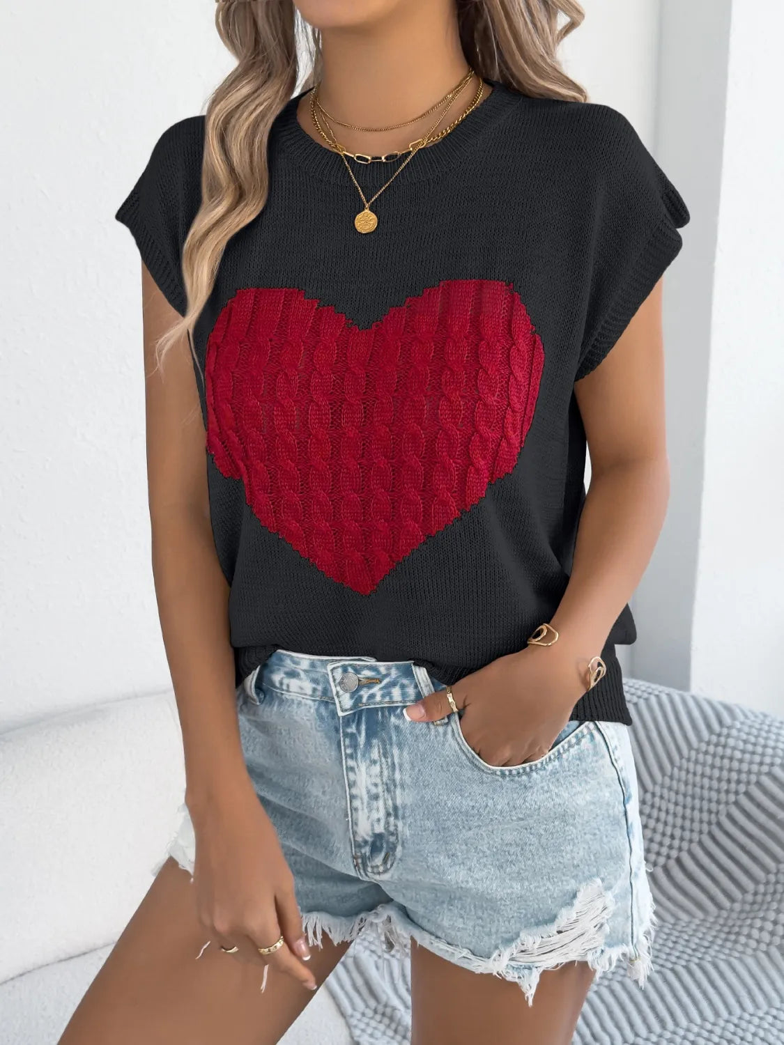 Cable Knit Heart Round Neck Cap Sleeve Top (17)