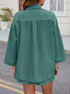 Button Up Long Sleeve Top Shorts Set (17)