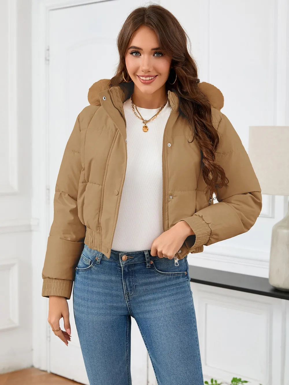 Pocketed Long Sleeve Cropped Hooded Winter Coat (4)