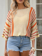 Striped Boat Neck Three-quarter Sleeve Knit Top (6)