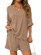 Casual Solid Color V-neck Top Shorts Set (3)