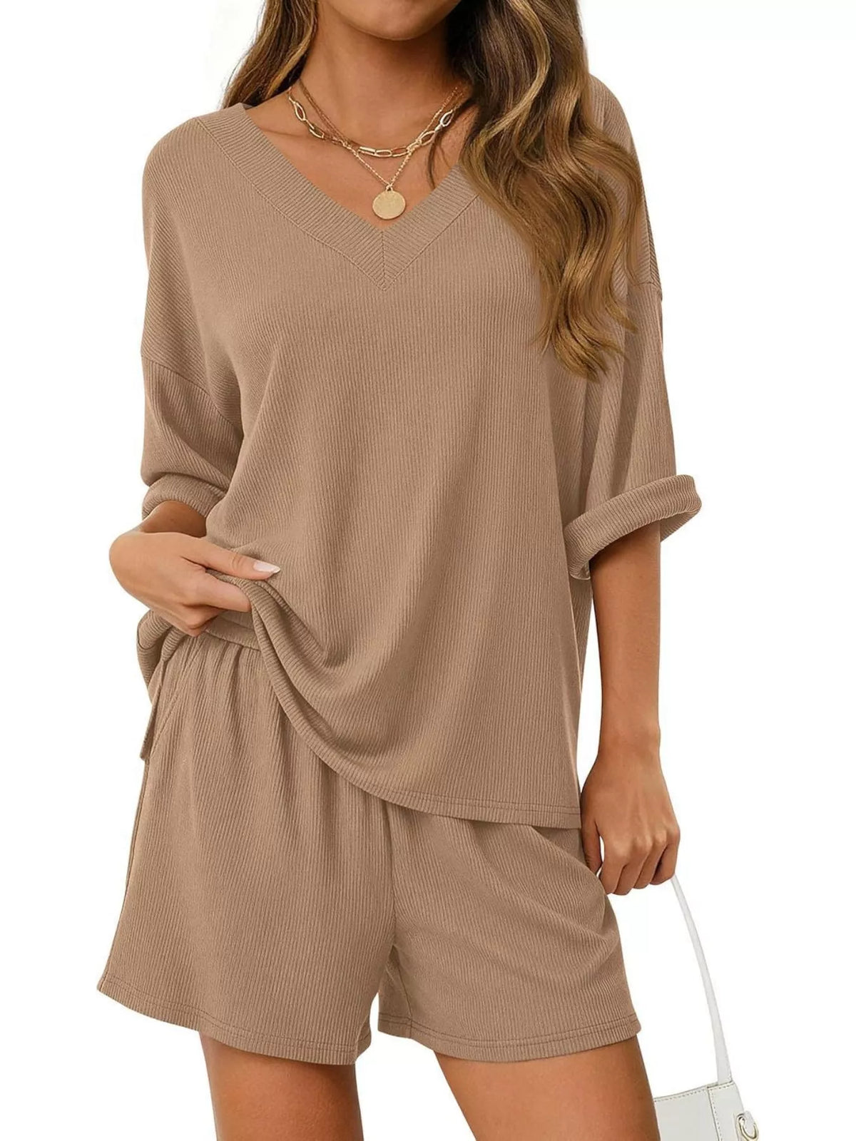 Casual Solid Color V-neck Top Shorts Set (3)