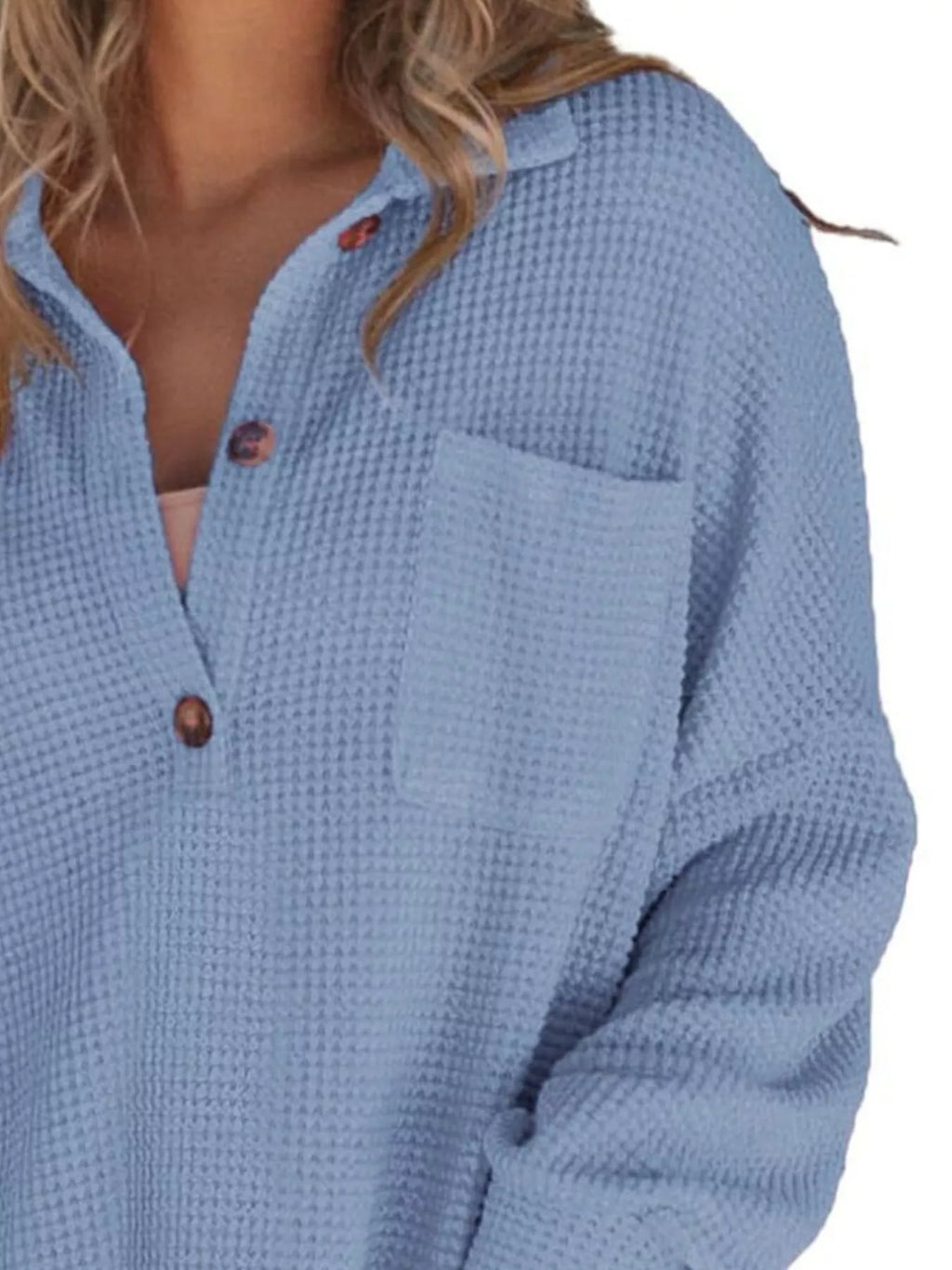 Casual Waffle Knit Button Detail Blouse (15)