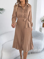 Pleated Tie Waist Balloon Sleeve Dress