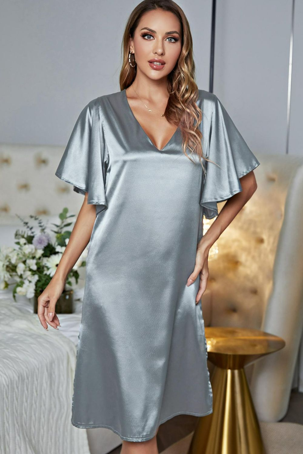 Satin Flutter Sleeve Side Slit V-neck Night Dress (20)